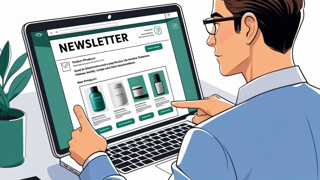 Das Bild zeigt einen Mann, der vor einem Laptop sitzt. Auf dem Laptop schaut er sich gerade einen Newsletter mit den beworbenen Produkten an. 