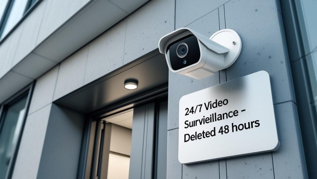 Das Bild zeigt eine Videokamera, die an einem Gebäude hängt. Ein Schild weist darauf hin, dass die Kamera rund um die Uhr an ist und die Aufnahmen nach 48 Stunden gelöscht werden. 