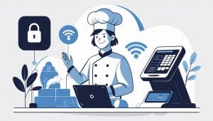 Datenschutz in der Gastronomie: Eine Frau mit Kochmütze, die hinter einer Registrierkasse steht