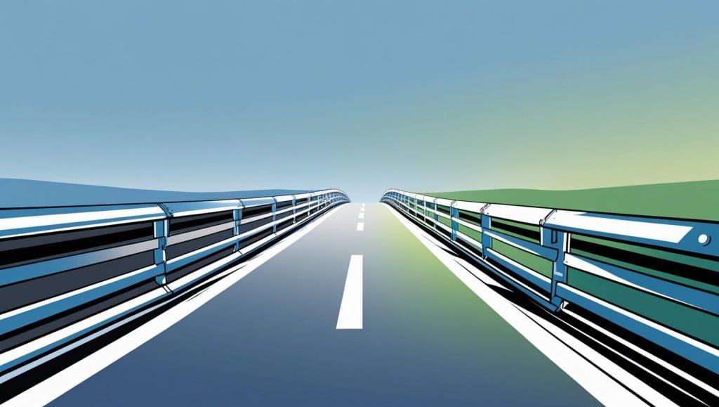 Eine Straße mit Leitplanken und blauem Himmel