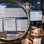 Anwendungsbereich der DSGVO: Wann gilt die Datenschutz-Grundverordnung für Ihr Unternehmen? Fotorealistische Editorial-Collage zum Anwendungsbereich der DSGVO: Eine große Lupe vergrößert Rechnungen, Bewerbungsunterlagen, Kundenlisten, Kontaktanfragen und CRM-Datensätze mit fiktiven Personendaten. Daneben prüft eine Mitarbeiterin Unterlagen an einem Büroarbeitsplatz. Schloss, Schutzschild, Paragraphenzeichen und Waage symbolisieren Datenschutz und rechtliche Verantwortung.