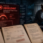 Fotorealistische Editorial-Collage zu automatisierter Entscheidungsfindung nach Art. 22 DSGVO: Ein großes digitales Bewertungssystem zeigt in Rot „Abgelehnt“ und schließt den Rechnungskauf aus. Davor liegen eine Kundenakte, eine abgelehnte Rechnung und ein Rechtsdokument, während im Hintergrund eine betroffene Person verzweifelt vor einem Laptop sitzt. Eine Waage und ein Richterhammer symbolisieren die rechtliche Kontrolle.