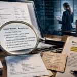 Personenbezogene Daten Fotorealistische Editorial-Collage zum Datenschutz: Eine Lupe vergrößert das Feld „Interne Notizen / Bemerkungen“ in einem Kundenprofil. Neben Kontaktdaten sind dort persönliche Einschätzungen, Gesundheitsinformationen, Cookie-ID, IP-Adresse und GPS-Daten zu sehen. Im Hintergrund stehen eine unscharfe Person, digitale Datenspuren, Aktenordner, ein DSGVO-Dokument und eine Waage der Gerechtigkeit.