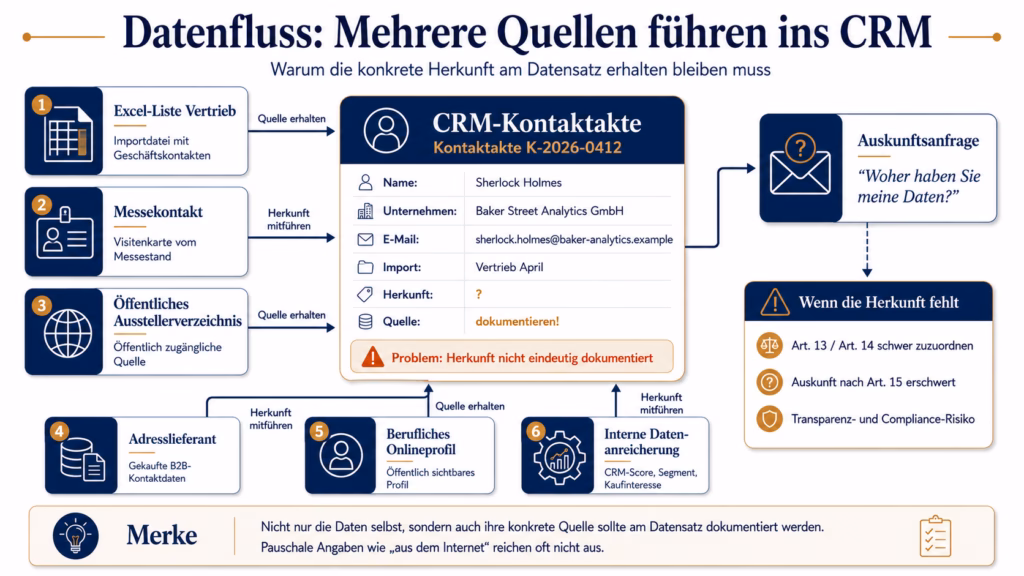 Infografik zum Datenfluss in ein CRM-System: Sechs Quellen – Excel-Liste, Messekontakt, öffentliches Ausstellerverzeichnis, Adresslieferant, berufliches Onlineprofil und interne Datenanreicherung – führen in eine zentrale CRM-Kontaktakte. Dort ist die Herkunft der Daten nicht eindeutig dokumentiert. Eine Auskunftsanfrage macht die daraus entstehenden Probleme bei Art. 13, Art. 14 und Art. 15 DSGVO sichtbar.