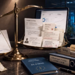 Eine goldene Justizwaage steht auf einem dunklen Bürotisch. Auf der einen Waagschale liegt ein Kaufvertrag, auf der anderen befinden sich zahlreiche Kundendaten aus einem CRM-System, darunter Newsletter-Anmeldung, Geburtstag, Reklamation, Kontaktdaten und eine sensible Krankheitsnotiz. Daneben stehen Aktenregister mit verschiedenen Rechtsgrundlagen wie Vertrag, Einwilligung, rechtliche Pflicht und berechtigtes Interesse. Im Hintergrund prüft eine unscharf dargestellte Compliance-Mitarbeiterin die Unterlagen.