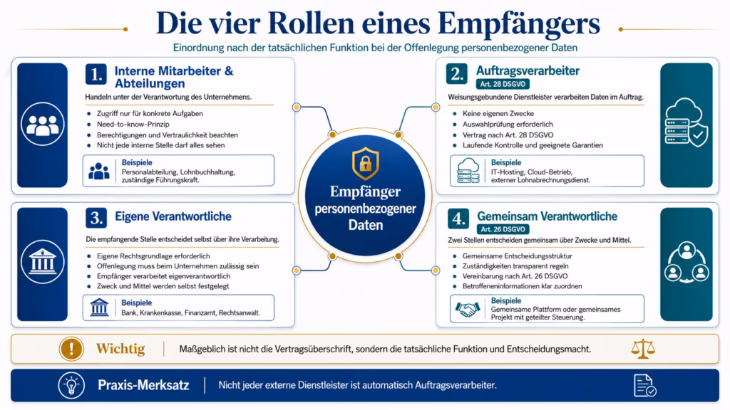 Infografik zu den vier Rollen von Empfängern personenbezogener Daten: interne Mitarbeiter und Abteilungen, Auftragsverarbeiter, eigene Verantwortliche sowie gemeinsam Verantwortliche. Zu jeder Rolle werden Merkmale, rechtliche Anforderungen und typische Beispiele genannt.