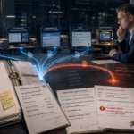 Empfänger personenbezogener Daten: Warum diese Frage in jedem Unternehmen mehr Aufmerksamkeit verdient Fotorealistische Editorial-Collage zum Datenschutz: Eine geöffnete Personalakte und eine Lohnabrechnung senden blaue Datenströme an IT-Hosting, Steuerbüro, Krankenkasse, Bank und Geschäftsführung. Ein roter Datenpfad führt versehentlich zu einem unbeteiligten Unternehmen und ist als „fehladressiert“ markiert. Rechts sitzt ein nachdenklicher Datenschutzverantwortlicher.