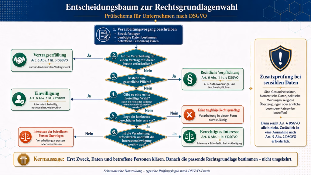 Infografik in Form eines Entscheidungsbaums zur Auswahl der passenden datenschutzrechtlichen Rechtsgrundlage nach DSGVO. Die Grafik führt schrittweise von der Beschreibung des Verarbeitungsvorgangs über Fragen zu Vertragserfüllung, gesetzlicher Pflicht, Einwilligung und berechtigtem Interesse bis zu möglichen Ergebnissen. Zusätzlich weist ein Seitenfeld darauf hin, dass bei sensiblen Daten neben Art. 6 DSGVO auch Art. 9 Abs. 2 DSGVO geprüft werden muss. Die Kernaussage lautet: Erst Zweck, Daten und betroffene Personen klären, dann die passende Rechtsgrundlage bestimmen.