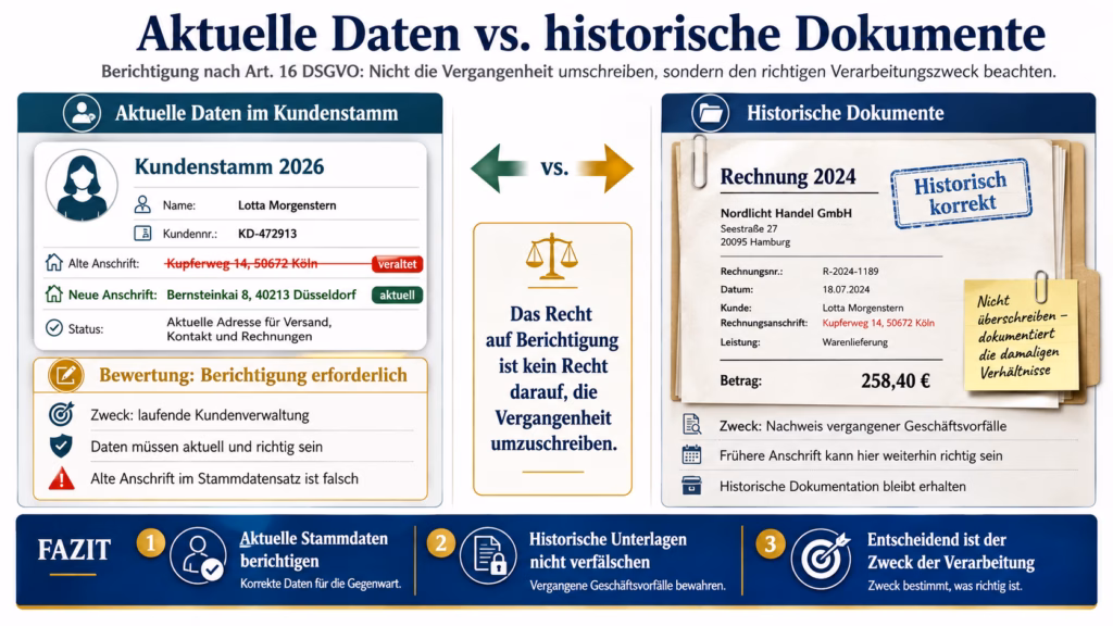 Infografik „Aktuelle Daten vs. historische Dokumente“ zur Berichtigung nach Art. 16 DSGVO. Links zeigt ein Kundenstamm für 2026 eine veraltete Kölner Anschrift, die durch eine aktuelle Düsseldorfer Adresse ersetzt werden muss. Rechts zeigt eine Rechnung aus dem Jahr 2024 dieselbe frühere Kölner Anschrift als historisch korrekte Angabe. Im Mittelpunkt steht die Aussage, dass das Recht auf Berichtigung nicht dazu dient, die Vergangenheit umzuschreiben.
