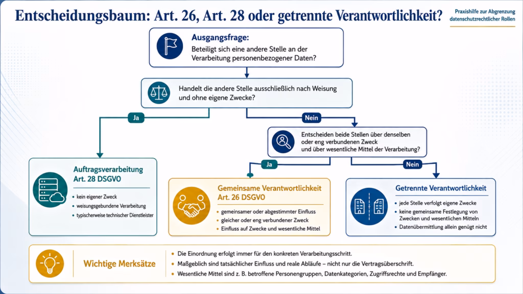 Entscheidungsbaum zur Abgrenzung datenschutzrechtlicher Rollen: Handelt eine andere Stelle ausschließlich weisungsgebunden und ohne eigene Zwecke, liegt Auftragsverarbeitung nach Art. 28 DSGVO vor. Entscheiden beide Stellen gemeinsam über denselben oder einen eng verbundenen Zweck und über wesentliche Mittel der Verarbeitung, spricht dies für gemeinsame Verantwortlichkeit nach Art. 26 DSGVO. Andernfalls liegt getrennte Verantwortlichkeit vor.