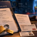 Art. 6 Abs. 1 lit. d) DSGVO: Wenn Datenschutz Leben schützen muss Geöffnete Personalakte mit fiktiven Notfalldaten, einem geöffneten Vorhängeschloss und Hinweisen auf Art. 6 Abs. 1 lit. d DSGVO. Im Hintergrund liegt ein Mitarbeiter bewusstlos am Boden, während Hilfe organisiert wird. Die Bildmontage symbolisiert den Konflikt zwischen Datenschutz und der notwendigen Nutzung personenbezogener Daten zum Schutz von Leben und Gesundheit.