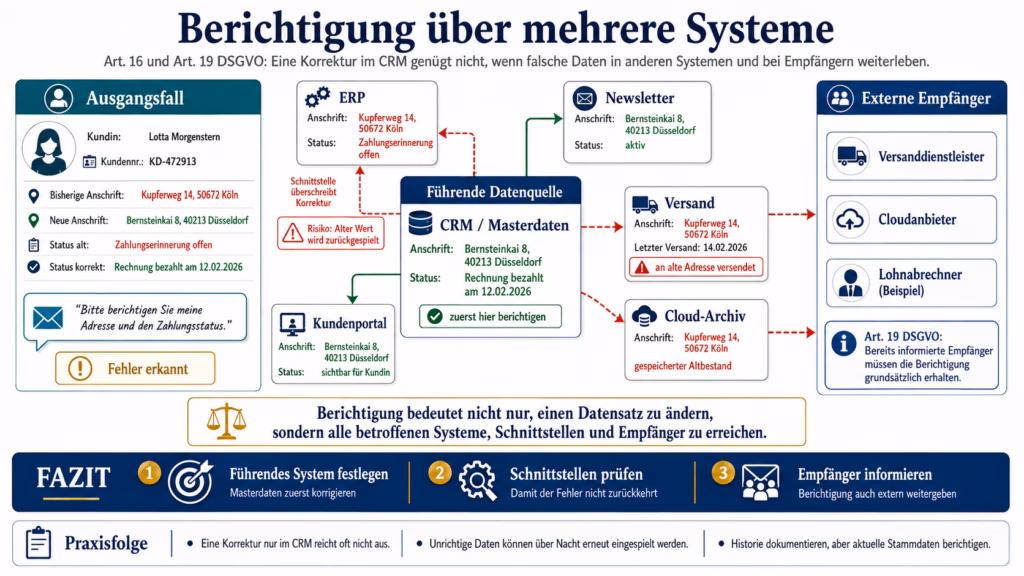 Infografik „Berichtigung über mehrere Systeme“ zur DSGVO: Eine Kundin meldet eine neue Anschrift und einen korrigierten Zahlungsstatus. Im Zentrum steht das CRM als führende Datenquelle. Verbundene Systeme wie ERP, Newsletter, Versand, Kundenportal und Cloud-Archiv zeigen teils aktuelle, teils veraltete Daten. Rote Pfeile verdeutlichen, wie falsche Werte durch Schnittstellen erneut eingespielt oder an externe Empfänger weitergegeben werden können.