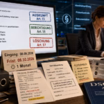Betroffenenrechte im Unternehmensalltag: Was hinter einer scheinbar harmlosen E-Mail steckt Fotorealistische Büroszene zur Bearbeitung von Betroffenenrechten nach DSGVO: Auf einem großen Bildschirm ist die E-Mail eines ehemaligen Kunden mit Anträgen auf Auskunft, Berichtigung und Löschung zu sehen. Daneben markieren Dokumente, Kundenakte, Identitätsprüfung und ein Fristenzettel die einmonatige Bearbeitungsfrist. Eine Mitarbeiterin prüft konzentriert die Unterlagen.