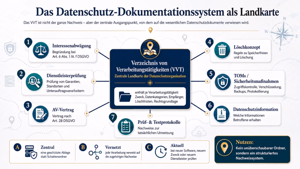 Infografik zum Datenschutz-Dokumentationssystem als vernetzte Landkarte. Im Zentrum steht das „Verzeichnis von Verarbeitungstätigkeiten (VVT)“ als zentrale Landkarte der Datenschutzorganisation. Von dort führen Verbindungen zu sieben Nachweisbausteinen: Interessenabwägung, Dienstleisterprüfung, AV-Vertrag, Löschkonzept, technische und organisatorische Sicherheitsmaßnahmen, Datenschutzinformation sowie Prüf- und Testprotokolle. Am unteren Bildrand werden die drei Prinzipien „Zentral“, „Vernetzt“ und „Aktuell“ hervorgehoben. Kernaussage: Statt eines unüberschaubaren Dokumentenordners entsteht ein strukturiertes Nachweissystem.