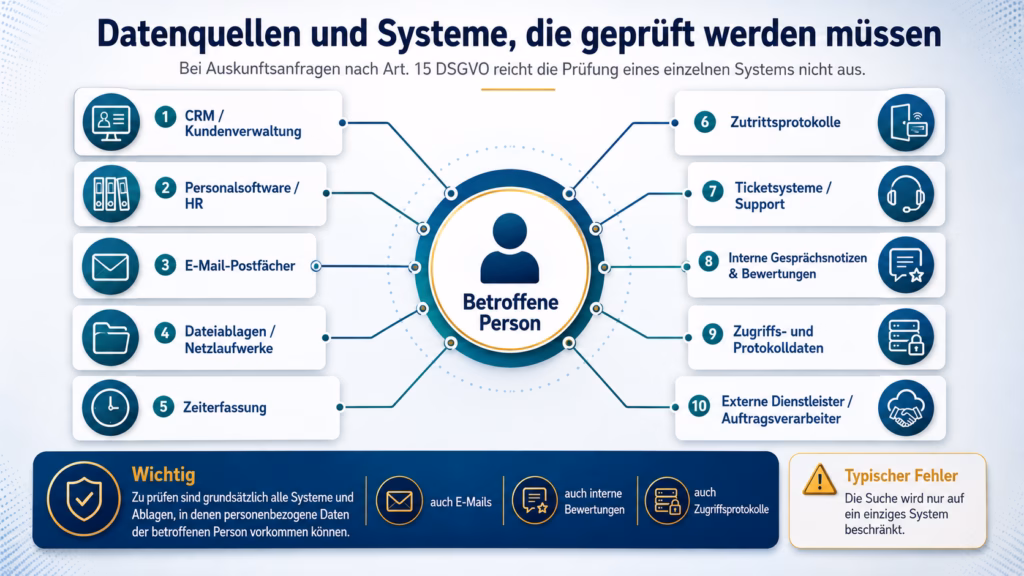 Infografik zu den Datenquellen bei einer Auskunftsanfrage nach Art. 15 DSGVO. Im Zentrum steht die betroffene Person, verbunden mit zehn zu prüfenden Bereichen: CRM, Personalsoftware, E-Mail-Postfächer, Dateiablagen, Zeiterfassung, Zutrittsprotokolle, Ticketsysteme, interne Notizen, Zugriffsprotokolle und externe Dienstleister.