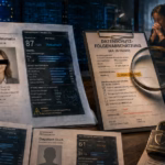 Fotorealistische Editorial-Collage zur Datenschutz-Folgenabschätzung bei KI-gestützter Bewerberauswahl: Im Vordergrund werden fiktive Bewerbungsunterlagen durch ein automatisiertes Bewertungssystem analysiert und mit Punktzahlen und Ranglisten versehen. Daneben liegt eine Datenschutz-Folgenabschätzung nach Art. 35 DSGVO unter einer Lupe mit dem Hinweis auf ein hohes Risiko. Waage, Paragraphenzeichen und Datenschutzschloss symbolisieren die rechtliche Prüfung, während im Hintergrund eine besorgt wirkende Person die möglichen Folgen automatisierter Entscheidungen für Betroffene verdeutlicht.