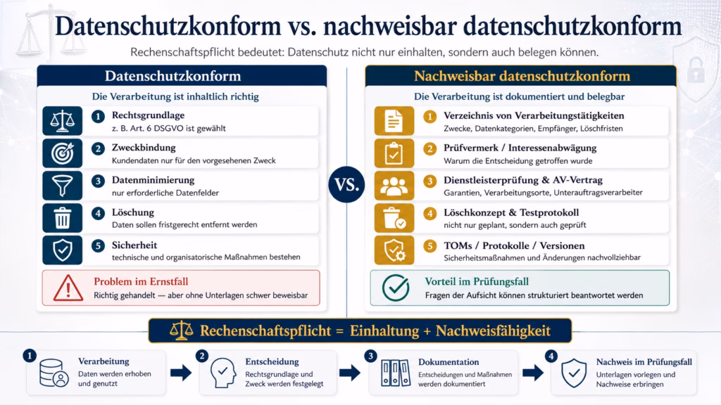 Infografik zum Unterschied zwischen „datenschutzkonform“ und „nachweisbar datenschutzkonform“. Links werden fünf Grundelemente einer datenschutzkonformen Verarbeitung gezeigt: Rechtsgrundlage, Zweckbindung, Datenminimierung, Löschung und Sicherheit. Rechts stehen die dazugehörigen Nachweise wie Verzeichnis von Verarbeitungstätigkeiten, Interessenabwägung, Dienstleisterprüfung, Löschkonzept, Testprotokolle und dokumentierte technische und organisatorische Maßnahmen. Eine zentrale Formel fasst die Aussage zusammen: „Rechenschaftspflicht = Einhaltung + Nachweisfähigkeit“. Unten zeigt ein vierstufiger Ablauf den Weg von der Verarbeitung über Entscheidung und Dokumentation bis zum Nachweis im Prüfungsfall.