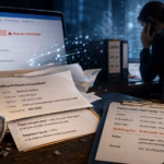 Datenschutzverletzungen: Was Unternehmen wissen müssen, wenn personenbezogene Daten in falsche Hände geraten Fotorealistische Editorial-Collage zu einer Datenschutzverletzung: Auf einem Schreibtisch zeigt ein Laptop eine E-Mail mit vertraulicher Mitarbeiterliste, die an einen falschen Empfänger gesendet wurde. Daneben liegen Personaldokumente, ein beschädigtes Sicherheitsschild, ein geöffnetes Vorfallsformular und eine leuchtende 72-Stunden-Countdown-Uhr; im Hintergrund telefoniert eine angespannt wirkende Mitarbeiterin.