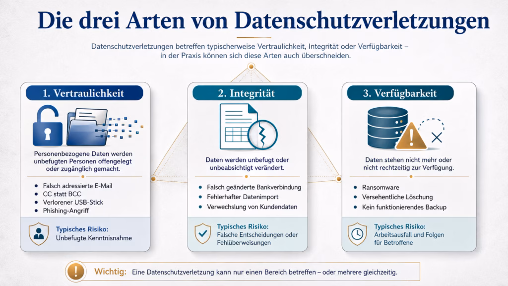Infografik zu den drei Arten von Datenschutzverletzungen: Vertraulichkeit umfasst die unbefugte Offenlegung personenbezogener Daten, Integrität deren unbeabsichtigte oder unbefugte Veränderung und Verfügbarkeit den fehlenden oder verspäteten Zugriff auf Daten. Beispiele sind falsch adressierte E-Mails, fehlerhafte Datenimporte, Ransomware und versehentliche Löschungen.