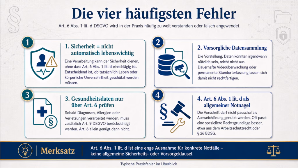 Infografik mit vier häufigen Fehlern bei der Anwendung von Art. 6 Abs. 1 lit. d DSGVO: Sicherheit wird fälschlich mit lebenswichtigen Interessen gleichgesetzt, Daten werden vorsorglich gesammelt, Gesundheitsdaten nur nach Art. 6 geprüft und die Vorschrift als allgemeine Ausweichrechtsgrundlage verwendet.