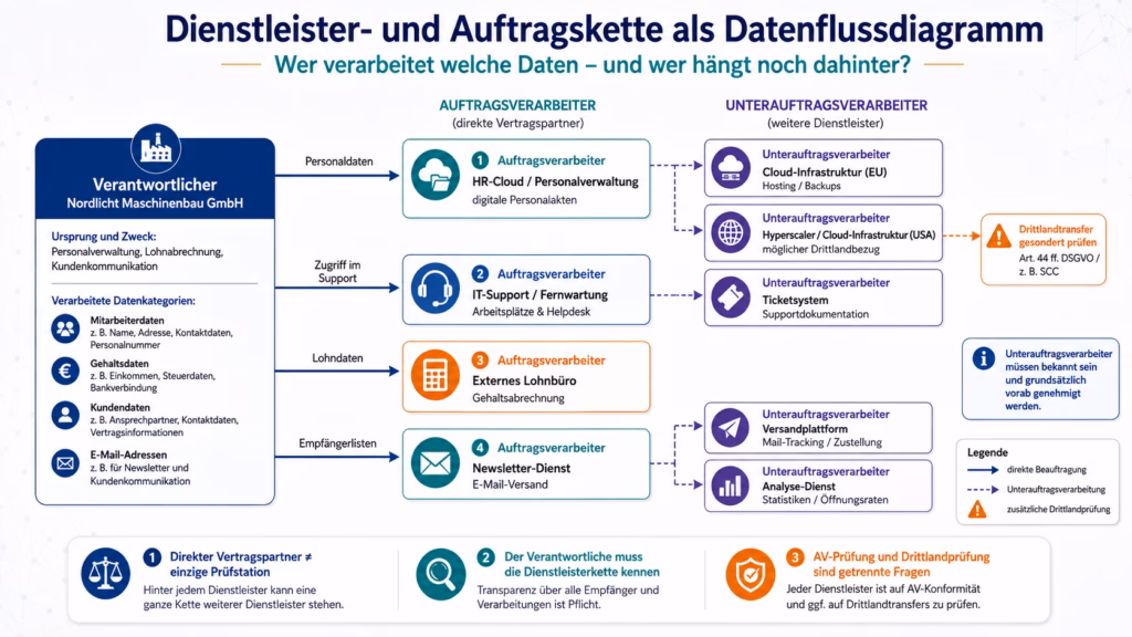 Datenflussdiagramm einer Auftragsverarbeitungskette: Die Nordlicht Maschinenbau GmbH übermittelt personenbezogene Daten an verschiedene Auftragsverarbeiter für HR-Cloud, IT-Support, Lohnabrechnung und Newsletter-Versand. Dahinter stehen weitere Unterauftragsverarbeiter wie Cloud-Infrastruktur, Ticketsysteme und Versandplattformen. Ein US-Cloud-Anbieter ist als möglicher Drittlandtransfer gesondert hervorgehoben.