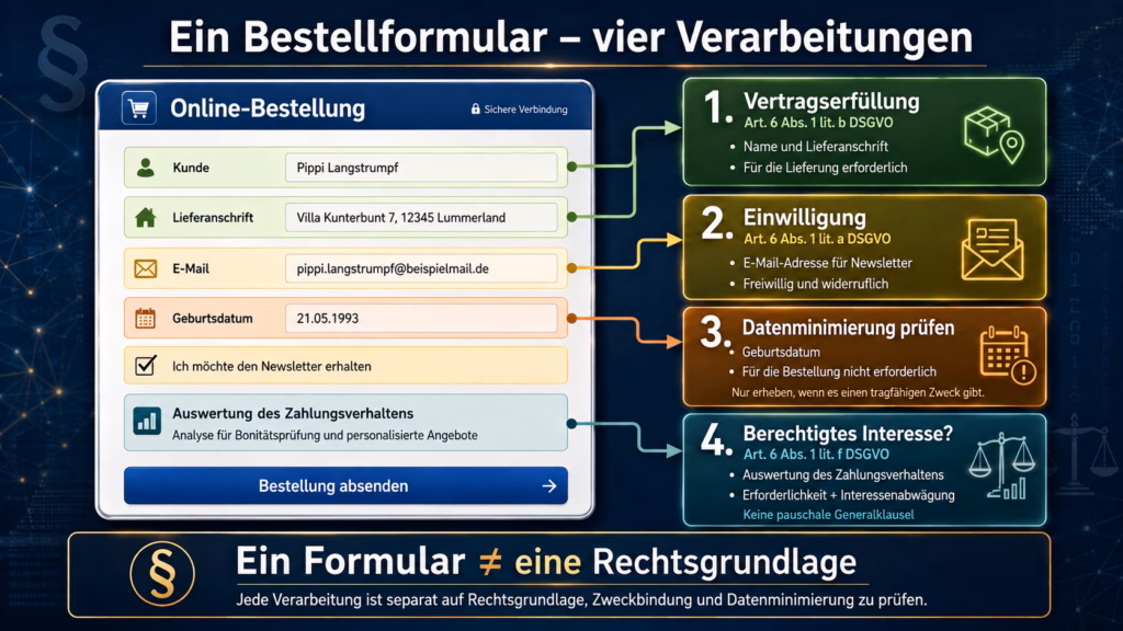 Infografik „Ein Bestellformular – vier Verarbeitungen“: Ein Online-Bestellformular mit Name, Lieferanschrift, E-Mail-Adresse, Geburtsdatum, Newsletter-Einwilligung und Auswertung des Zahlungsverhaltens ist über farbige Linien mit vier datenschutzrechtlichen Prüfbereichen verbunden. Name und Lieferanschrift werden der Vertragserfüllung zugeordnet, die E-Mail-Adresse der Einwilligung, das Geburtsdatum der Datenminimierung und die Auswertung des Zahlungsverhaltens dem berechtigten Interesse. Die Grafik verdeutlicht: Ein Formular bedeutet nicht automatisch eine einheitliche Rechtsgrundlage.