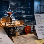 Editorial-Collage zum Recht auf Einschränkung der Verarbeitung nach Art. 18 DSGVO: Eine mit Schloss und Stopptaste gesicherte Kundenakte steht im Mittelpunkt. Digitale Prozesse wie Mahnlauf, Marketing, Scoring und Auskunftei-Meldung werden sichtbar blockiert, während eine Mitarbeiterin Kontoauszug und Antrag auf Einschränkung prüft.