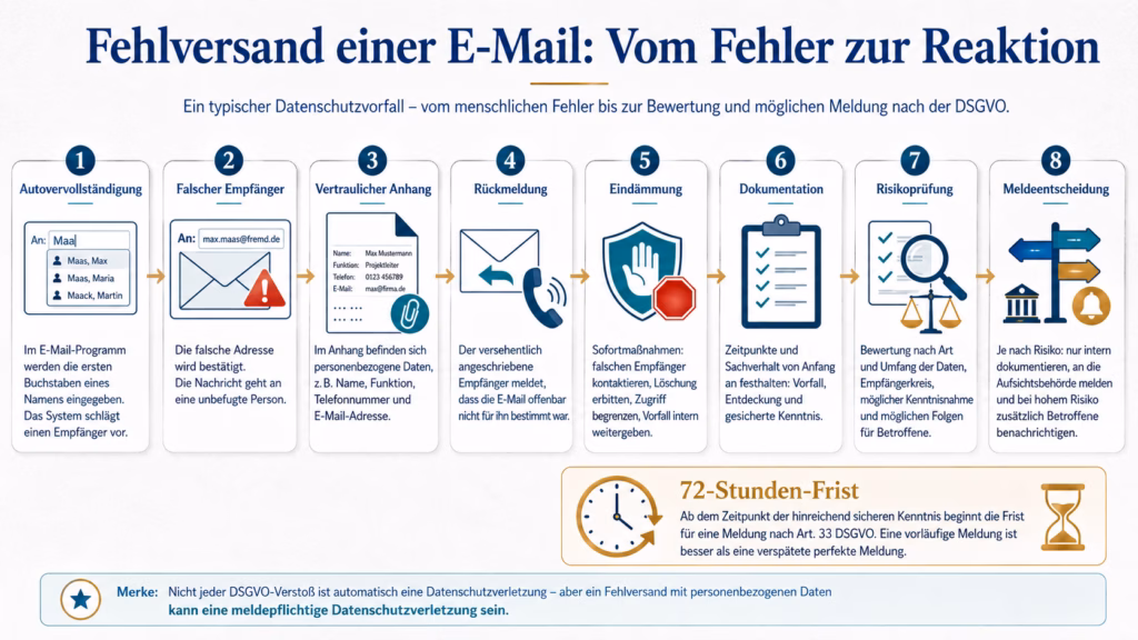 Infografik zum Fehlversand einer E-Mail mit personenbezogenen Daten. Acht aufeinanderfolgende Schritte zeigen den Ablauf von der Autovervollständigung und Auswahl eines falschen Empfängers über Rückmeldung, Eindämmung, Dokumentation und Risikoprüfung bis zur Entscheidung über eine mögliche Meldung. Ein zusätzlicher Hinweis erläutert die 72-Stunden-Frist nach Art. 33 DSGVO.