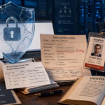 Grundsatz der Integrität und Vertraulichkeit: Was die DSGVO wirklich verlangt Fotorealistische Editorial-Collage zum Datenschutz: Ein gesprungener transparenter Schutzschild mit Schloss steht zwischen vertraulichen Personal- und Gehaltsdaten, einer auffälligen Änderung einer Lieferanten-IBAN und dem noch aktiven Benutzerkonto eines ausgeschiedenen Mitarbeiters. Im Hintergrund arbeitet eine Mitarbeiterin in einem blau beleuchteten Büro- und Serverumfeld.