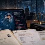 Fotorealistische Editorial-Collage zur Fairness bei der Datenverarbeitung nach DSGVO: Im Vordergrund zeigt ein Tablet Standort- und Tourendaten eines Außendienstmitarbeiters, die zugleich für Leistungsmonitoring und eine Bewertung genutzt werden. Daneben liegen eine Mitarbeiterakte, eine Auswertungsnotiz, ein DSGVO-Dokument und eine Waage als Symbol für die Frage, ob eine rechtmäßige Datenverarbeitung auch fair ist. Im Hintergrund stehen ein beobachteter Mitarbeiter und digitale Analyseoberflächen.