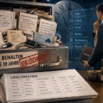 Fotorealistische Editorial-Collage zum DSGVO-Grundsatz der Speicherbegrenzung: Ein überquellender Archiv- und Serverschrank mit Kundenakten, Rechnungen, E-Mails und Datenträgern trägt die Aufschrift „Wir behalten alles 10 Jahre“ und den roten Stempel „Kein Löschkonzept“. Im Vordergrund liegt eine strukturierte Löschmatrix mit unterschiedlichen Aufbewahrungsfristen, während ein Datenschutzverantwortlicher auf die Datenbestände blickt.
