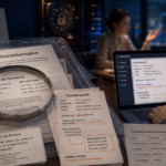 Der Grundsatz der Transparenz in der DSGVO: Warum eine Datenschutzinformation allein nicht ausreicht Fotorealistische Editorial-Collage zum Transparenzgrundsatz der DSGVO: Auf einem dunklen Schreibtisch liegen eine Datenschutzinformation, ein CRM-Kundenprofil und eine Kundenanfrage. Eine Lupe vergrößert Angaben zu Verarbeitungszwecken und Rechtsgrundlagen, während auf einem Laptop ein aus Käufen und Telefonnotizen abgeleitetes Interessenprofil angezeigt wird. Im Hintergrund sind zwei unscharf dargestellte Personen, juristische Symbole und digitale Strukturen zu sehen.