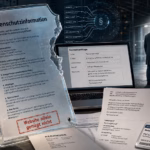 Informationspflichten nach der DSGVO: Warum „Wir haben doch eine Datenschutzerklärung“ nicht reicht Fotorealistische Editorial-Collage zu den Informationspflichten der DSGVO: Im Vordergrund steht eine große „Datenschutzinformation“ mit den Registern „Art. 13 DSGVO“ und „Art. 14 DSGVO“ sowie dem Hinweis „Website allein genügt nicht“. Darum gruppieren sich ein Kontaktformular, Bewerbungsunterlagen, eine Messeteilnehmerliste, ein CRM-Kontakt, ein Besucherbadge und eine Rechnung. Rechts steht eine anonymisierte Person unter einer Überwachungskamera. Digitale Datenströme, Paragraphensymbole und Aktenordner verdeutlichen die verschiedenen Wege, auf denen Unternehmen personenbezogene Daten erheben und verarbeiten.