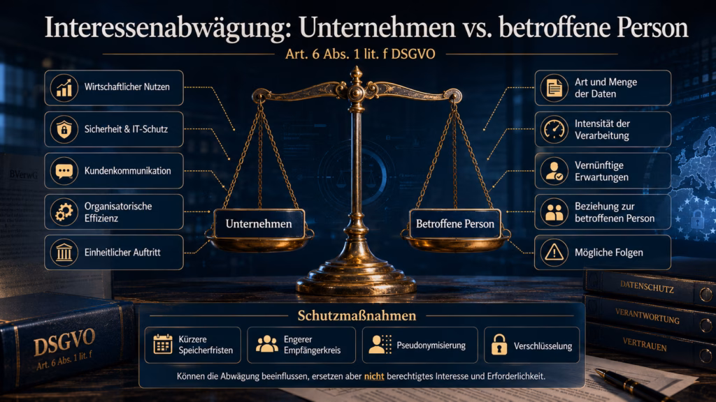 Infografik zur Interessenabwägung nach Art. 6 Abs. 1 lit. f DSGVO: Eine goldene Waage stellt die Interessen eines Unternehmens den Interessen der betroffenen Person gegenüber. Auf Unternehmensseite stehen wirtschaftlicher Nutzen, IT-Sicherheit, Kundenkommunikation, organisatorische Effizienz und ein einheitlicher Auftritt. Auf Seiten der betroffenen Person werden Art und Menge der Daten, Intensität der Verarbeitung, vernünftige Erwartungen, die Beziehung zum Unternehmen und mögliche Folgen berücksichtigt. Ergänzend werden Schutzmaßnahmen wie kürzere Speicherfristen, ein engerer Empfängerkreis, Pseudonymisierung und Verschlüsselung dargestellt.