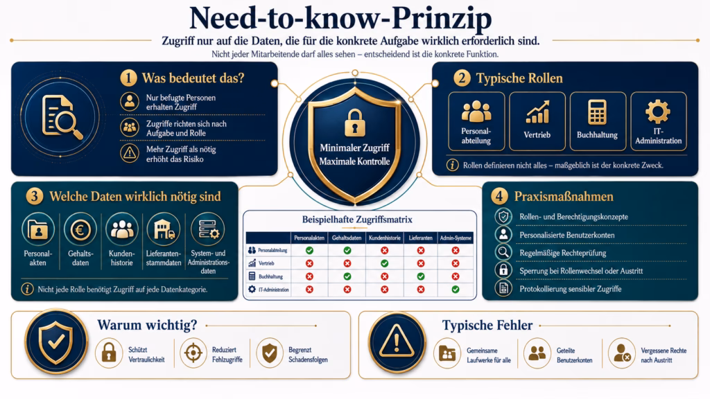 Infografik zum Need-to-know-Prinzip: Ein zentrales Schutzschild steht für minimalen Zugriff und maximale Kontrolle. Rundherum werden Rollen wie Personal, Vertrieb, Buchhaltung und IT-Administration, benötigte Datenkategorien, konkrete Schutzmaßnahmen sowie eine beispielhafte Zugriffsmatrix dargestellt.