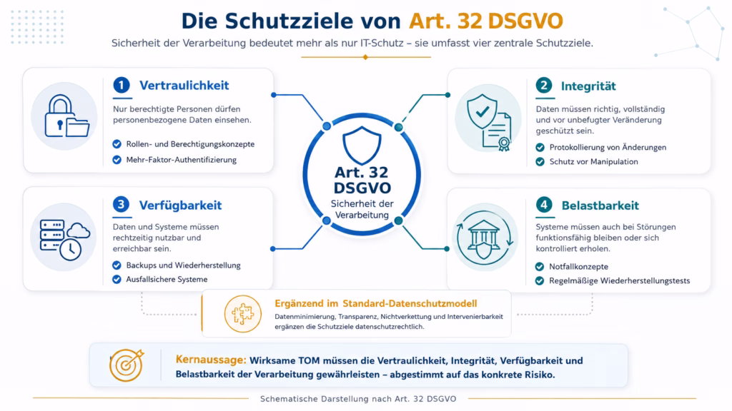 Infografik zu den vier Schutzzielen des Art. 32 DSGVO. Im Zentrum steht „Art. 32 DSGVO – Sicherheit der Verarbeitung“. Darum sind vier Bereiche angeordnet: Vertraulichkeit mit Rollen- und Berechtigungskonzepten sowie Mehr-Faktor-Authentifizierung, Integrität mit Protokollierung und Schutz vor Manipulation, Verfügbarkeit mit Backups und ausfallsicheren Systemen sowie Belastbarkeit mit Notfallkonzepten und Wiederherstellungstests. Ergänzend werden Datenminimierung, Transparenz, Nichtverkettung und Intervenierbarkeit aus dem Standard-Datenschutzmodell genannt.