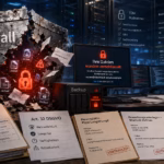 Technische und organisatorische Maßnahmen: Warum "Wir haben eine Firewall" nicht reicht Fotorealistische Editorial-Collage zu technischen und organisatorischen Maßnahmen nach DSGVO: Eine beschädigte Metallbarriere mit der Aufschrift „Firewall“ wird von einem Cyberangriff durchbrochen. Rote Schloss- und Warnsymbole, verschlüsselte Dateien sowie ein kompromittiertes Backup verdeutlichen einen Ransomware-Angriff. Im Vordergrund liegen vertrauliche Personal-, Bewerbungs- und Kundendokumente sowie eine TOM-Dokumentation und ein Blatt zu Art. 32 DSGVO. Rechts sitzt ein sichtbar angespannt wirkender IT-Verantwortlicher vor mehreren Monitoren. Die Szene verdeutlicht, dass eine Firewall allein keinen ausreichenden Datenschutz gewährleistet.