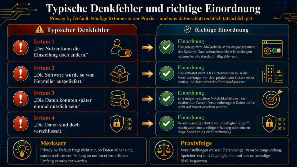 Infografik zu vier typischen Irrtümern über Privacy by Default. Aussagen wie „Der Nutzer kann die Einstellung doch ändern“ oder „Die Daten sind verschlüsselt“ werden den datenschutzrechtlich richtigen Einordnungen gegenübergestellt.