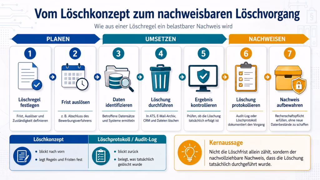 Infografik mit sieben Schritten vom Löschkonzept zum nachweisbaren Löschvorgang: Löschregel festlegen, Frist auslösen, Daten identifizieren, Löschung durchführen, Ergebnis kontrollieren, Löschung protokollieren und den Nachweis aufbewahren. Die Schritte sind den Phasen „Planen“, „Umsetzen“ und „Nachweisen“ zugeordnet.