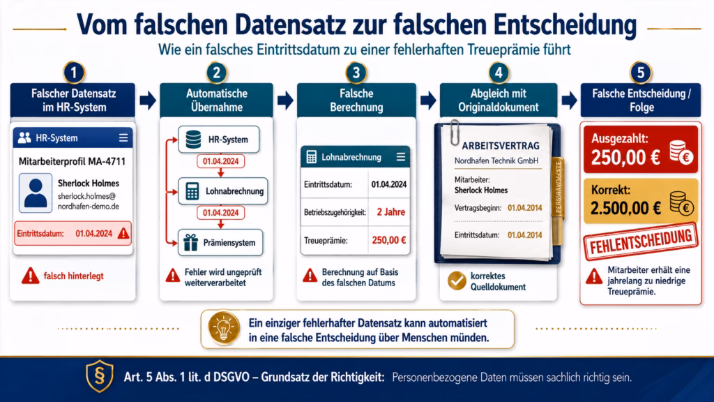 Die cineastische Fotomontage visualisiert die Risiken fehlerhafter personenbezogener Daten in Unternehmenssystemen. Im Zentrum liegen eine Personalakte und ein Arbeitsvertrag, deren Angaben zum Eintrittsdatum voneinander abweichen: Während das digitale HR-System den 1. April 2024 ausweist, dokumentiert der Arbeitsvertrag den tatsächlichen Beschäftigungsbeginn am 1. April 2014. Rote Warnsignale und ein Hinweis auf einen fehlgeschlagenen Datenabgleich machen den Konflikt zwischen den unterschiedlichen Datenständen sichtbar. Auf der rechten Seite zeigt eine Treueprämienabrechnung die konkrete Folge des Fehlers: Aufgrund des falschen Eintrittsdatums wurden lediglich 250 Euro statt der korrekten 2.500 Euro berechnet. Im Hintergrund stehen miteinander verbundene Systeme wie HR-System, Lohnabrechnung und CRM symbolisch für die Gefahr, dass sich fehlerhafte Daten automatisiert über mehrere Anwendungen hinweg fortpflanzen. Ein Dokument mit dem Hinweis auf Art. 5 Abs. 1 lit. d DSGVO und den „Grundsatz der Richtigkeit“ ordnet die Szene rechtlich ein. Die Kombination aus kühlen Blau- und Petrolelementen, warmen Goldtönen, dramatischem Seitenlicht und der nachdenklichen menschlichen Figur vermittelt die wirtschaftliche, organisatorische und datenschutzrechtliche Tragweite eines zunächst unscheinbaren Datenfehlers.