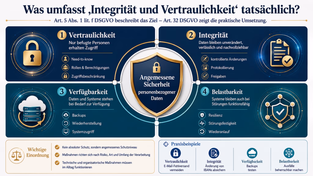 Infografik zu den vier Dimensionen angemessener Datensicherheit nach DSGVO: Vertraulichkeit, Integrität, Verfügbarkeit und Belastbarkeit sind um ein zentrales Schutzschild angeordnet. Ergänzt werden die Bereiche durch Beispiele wie Need-to-know, Protokollierung, Backups und Wiederanlauf.