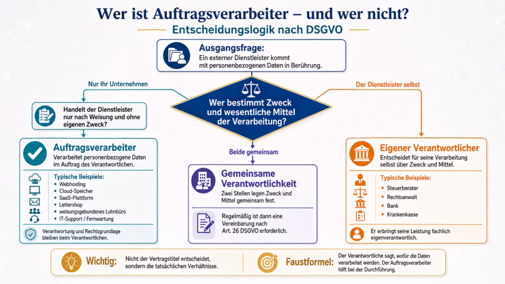 Entscheidungsbaum zur Frage, ob ein externer Dienstleister Auftragsverarbeiter, eigener Verantwortlicher oder gemeinsam Verantwortlicher nach DSGVO ist. Entscheidend ist, wer Zweck und wesentliche Mittel der Verarbeitung bestimmt. Beispiele und Hinweise erläutern die drei Rollen.