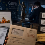 Fotorealistische Editorial-Collage zum Widerspruchsrecht nach Art. 21 DSGVO: Auf einem dunklen Schreibtisch sind ein Smartphone mit der Nachricht „Bitte keine Werbung mehr“, ein weiterhin versendeter Werbebrief, ein Newsletter auf einem Laptop sowie mehrere mit „Werbung“ gekennzeichnete Datenordner zu sehen. Im Hintergrund sitzt ein überforderter Mitarbeiter vor mehreren Bildschirmen. EU-Sterne, ein Datenschutzschloss und eine Justitia-Figur symbolisieren Datenschutz, Recht und die Herausforderung, einen Werbewiderspruch in allen Systemen zuverlässig umzusetzen.