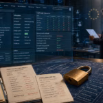 Privacy by Design: Warum Datenschutz von Anfang an mitgedacht werden muss Fotorealistische Editorial-Collage zu Privacy by Design: Auf einem Schreibtisch liegen Datenschutz-Prüfberichte, Kundenakten und Baupläne eines CRM-Systems. Ein großes Messingschloss liegt noch unverbaut auf den Plänen. Dahinter zeigt eine transparente CRM-Oberfläche fiktive Kundendaten, zu weitreichende Zugriffsrechte, fehlende Löschfristen und aktivierte Werbe- und Trackingfunktionen. Rechts prüft ein Datenschutzverantwortlicher Unterlagen in einem blau beleuchteten Serverraum.