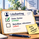 Gelöscht ist noch nicht erledigt: Was Unternehmen bei Löschanträgen leicht übersehen Illustration im leichten Comic Stil mit einem Löschantrag auf einem Schreibtisch. „Daten löschen“ ist als erledigt markiert, „Betroffene informieren“ steht noch offen.