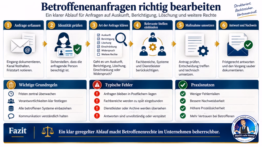 Infografik zum richtigen Umgang mit Betroffenenanfragen nach der DSGVO mit sechs Prozessschritten von der Erfassung der Anfrage bis zur fristgerechten Antwort und Dokumentation.
