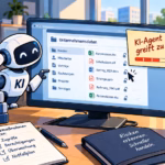 Comicartige Büroillustration zum Thema Datenschutz und KI: Ein KI Agent greift auf Unternehmensdaten am Bildschirm zu, während Checklisten und Fachordner auf notwendige Schutzmaßnahmen hinweisen.